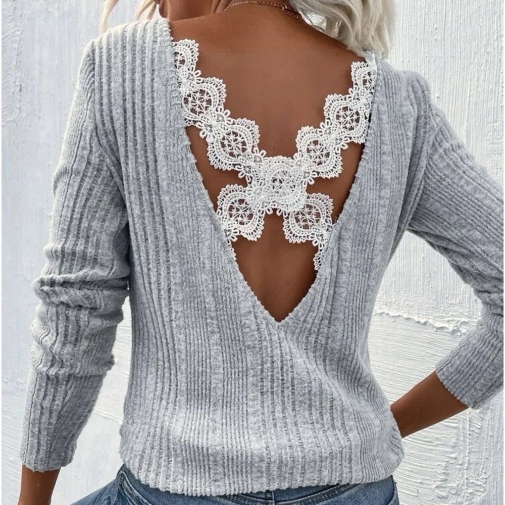 Gray Ribbed Lace Back Sweater Open Back Knit Top